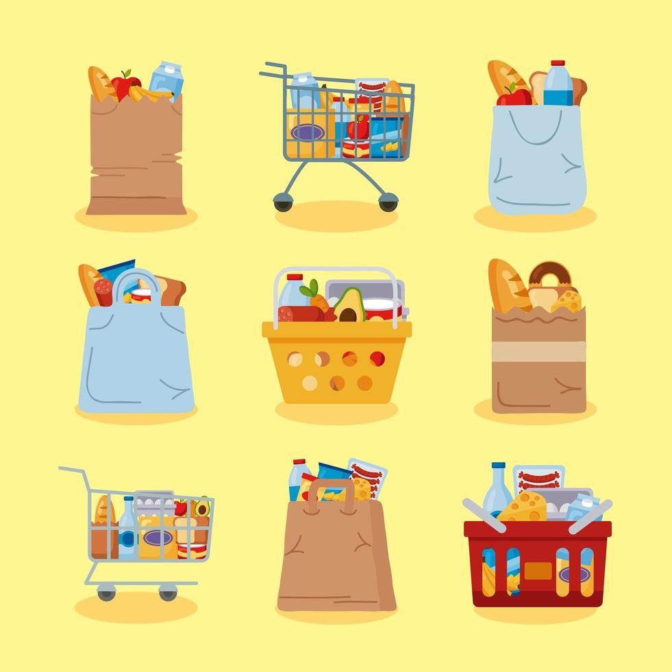 nove ícones de compras de supermercado vetor