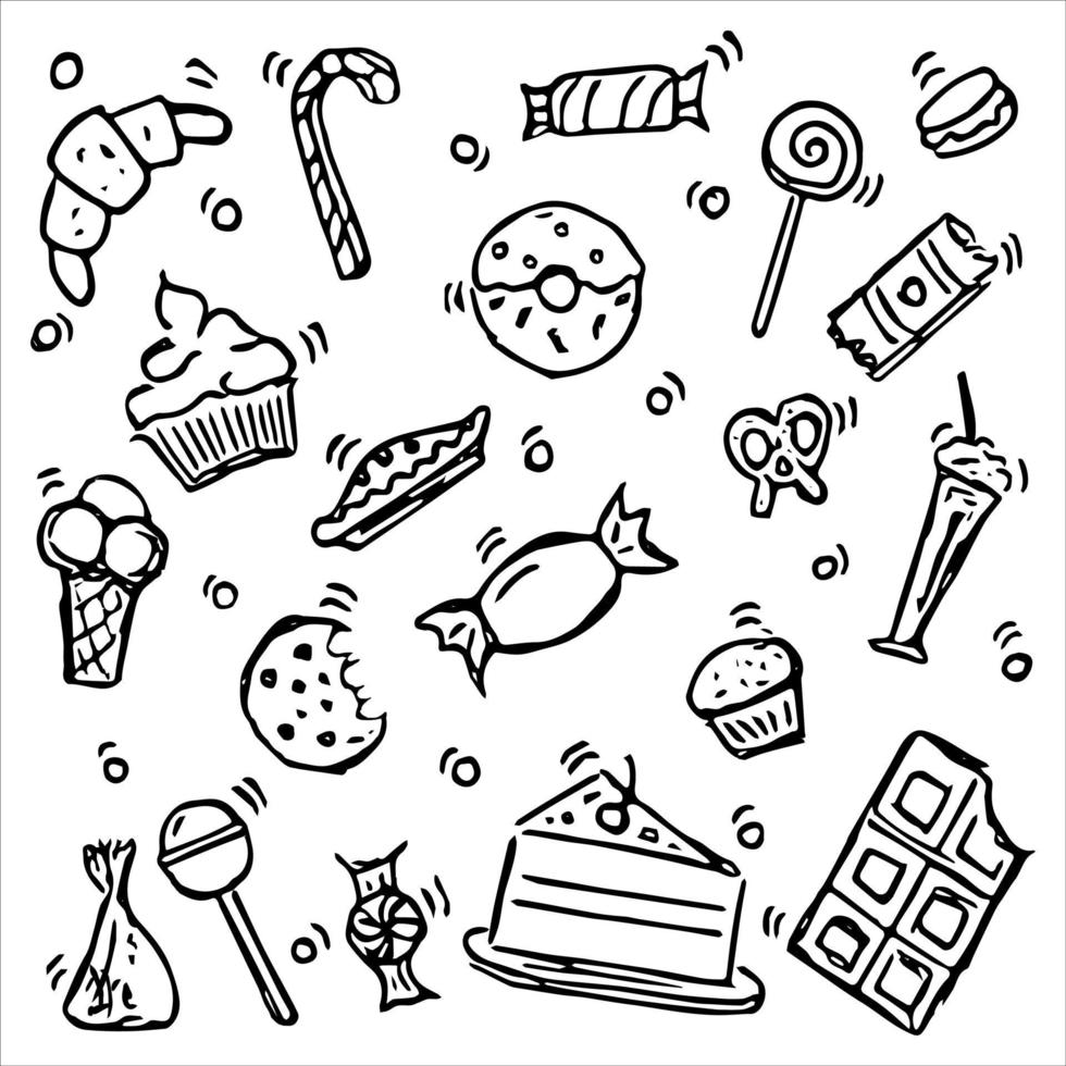ilustração vetorial com alimentos doces. doodle vetor com ícones de alimentos doces em fundo branco. ilustração de doces vintage, fundo de elementos doces para seu projeto, menu, cafeteria.