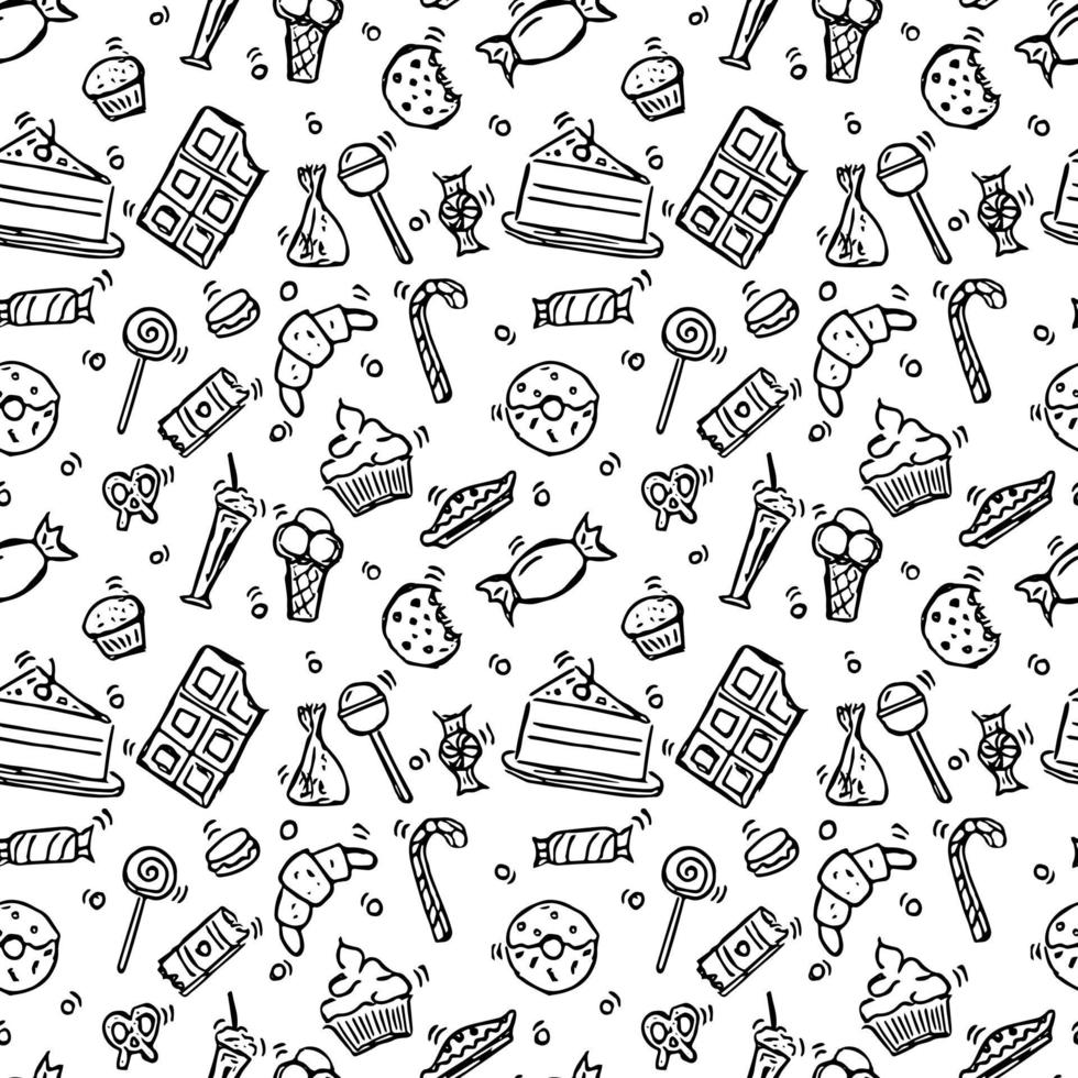 padrão de vetor sem costura com alimentos doces. doodle vetor com ícones de alimentos doces em fundo branco. padrão de doces vintage, fundo de elementos doces para seu projeto, menu, cafeteria.