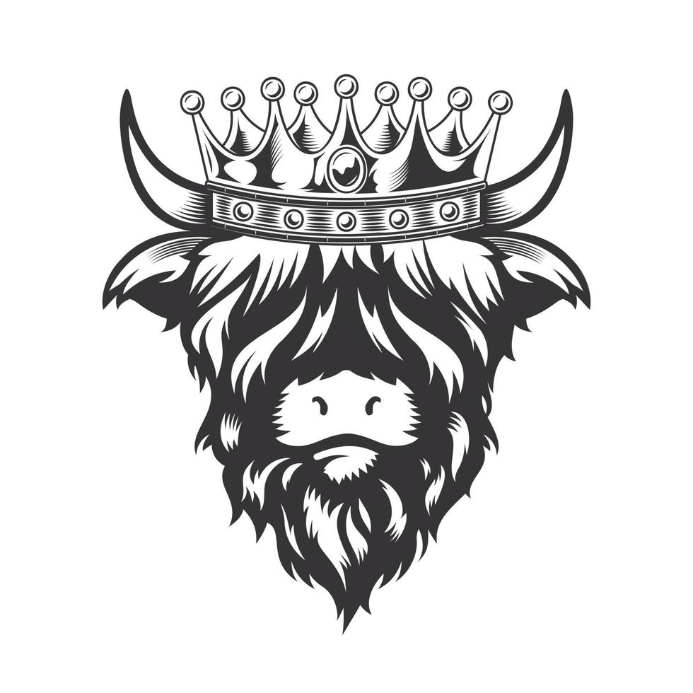 rei vaca das terras altas com design de cabeça de coroa em fundo branco. animal de fazenda. logotipos ou ícones de vacas. ilustração vetorial. vetor