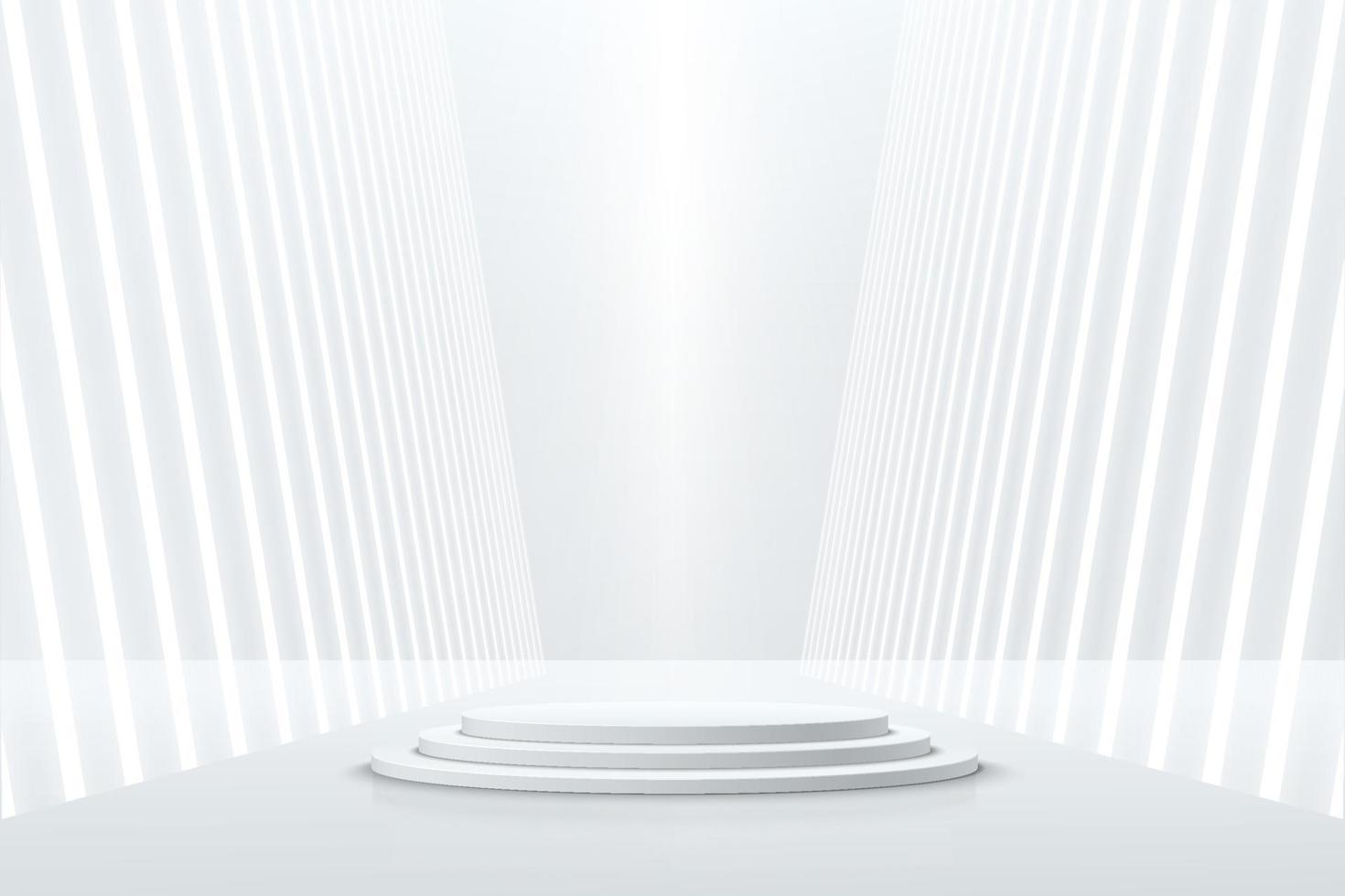 pódio de pedestal de cilindro realista branco com luz de néon de perspectiva. quarto de estúdio abstrato de vetor com plataforma geométrica 3d. cena minimalista de ficção científica futurista para vitrine de produtos, exibição de promoção.