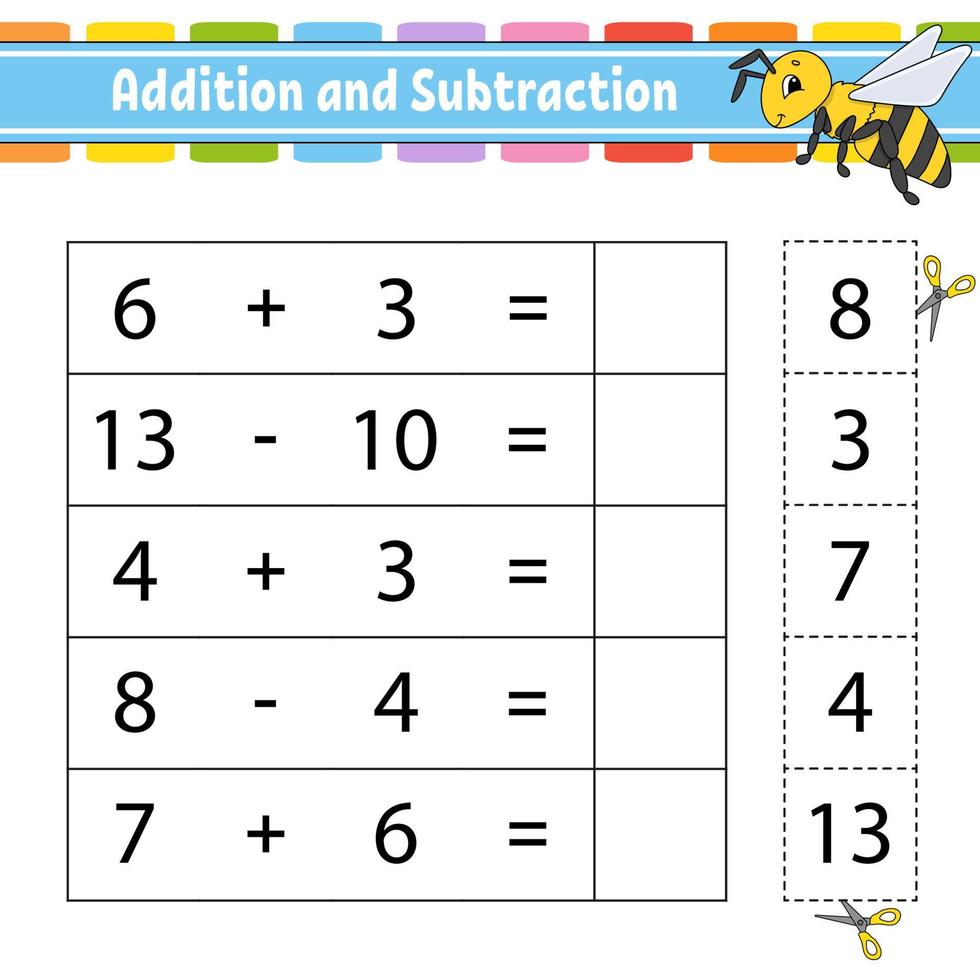 adição e subtração. tarefa para crianças. planilha de desenvolvimento de educação. página de atividades. jogo para crianças. personagem engraçado. ilustração isolada do vetor. estilo de desenho animado. vetor