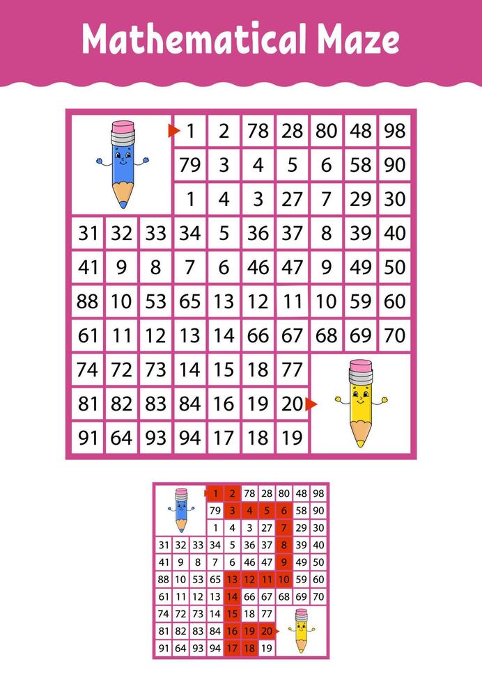 labirinto matemático. jogo para crianças. labirinto engraçado. planilha de desenvolvimento de educação. página de atividades. quebra-cabeça para crianças. estilo de desenho animado. enigma para a pré-escola. ilustração vetorial de cor vetor