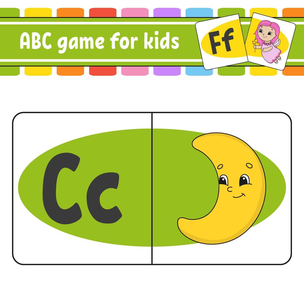 cartões flash abc. alfabeto para crianças. aprender letras. planilha de desenvolvimento educacional. página de atividades para estudar inglês. jogo para crianças. personagem engraçado. ilustração isolada do vetor. estilo de desenho animado. vetor