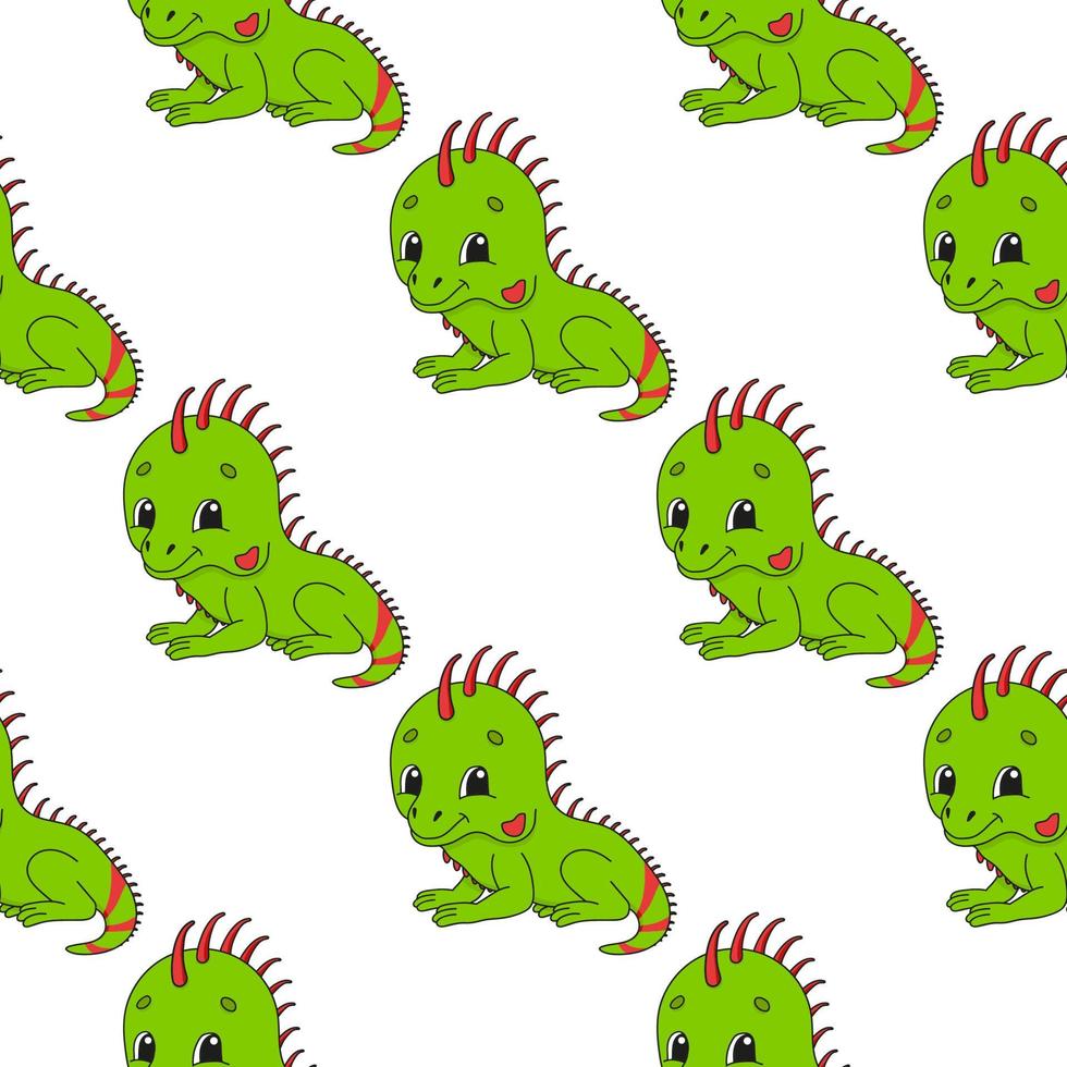 iguana feliz. padrão colorido sem costura com personagem de desenho animado bonito. ilustração em vetor plana simples isolada no fundo branco. criar papel de parede, tecido, papel de embrulho, capas, sites.