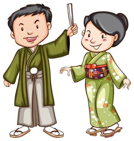 Um desenho colorido de um casal usando um vestido asiático vetor