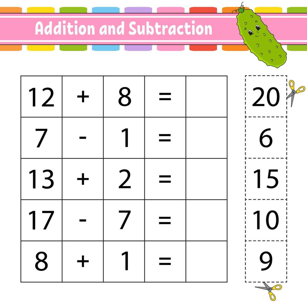 adição e subtração. tarefa para crianças. planilha de desenvolvimento de educação. página de atividades. jogo para crianças. personagem engraçado. ilustração isolada do vetor. estilo de desenho animado. vetor