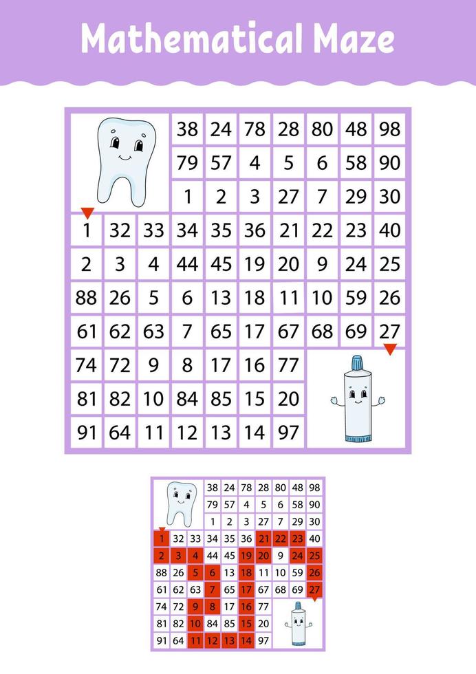 labirinto matemático. jogo para crianças. labirinto engraçado. planilha de desenvolvimento de educação. página de atividades. quebra-cabeça para crianças. estilo de desenho animado. enigma para a pré-escola. ilustração vetorial de cor vetor