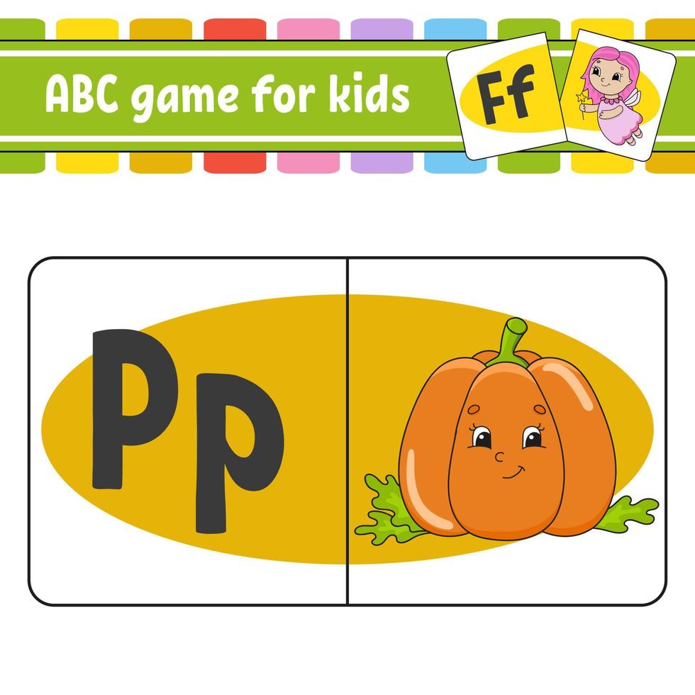 cartões flash abc. alfabeto para crianças. aprender letras. planilha de desenvolvimento educacional. página de atividades para estudar inglês. jogo para crianças. personagem engraçado. ilustração isolada do vetor. estilo de desenho animado. vetor