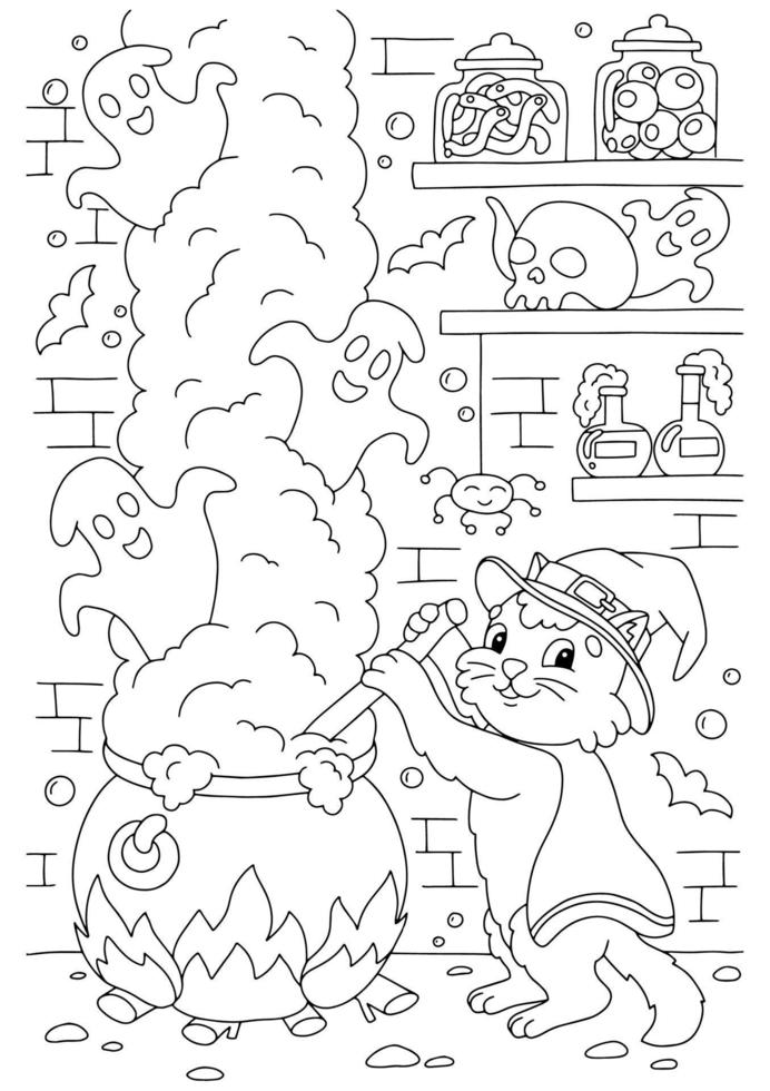 o gato prepara uma poção na masmorra em um grande caldeirão. página do livro para colorir para crianças. personagem de estilo de desenho animado. ilustração vetorial isolada no fundo branco. vetor