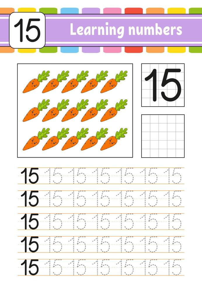aprender números para crianças. prática de caligrafia. planilha de desenvolvimento educacional. página de atividades. jogo para crianças e pré-escolares. ilustração vetorial isolada no estilo bonito dos desenhos animados. vetor