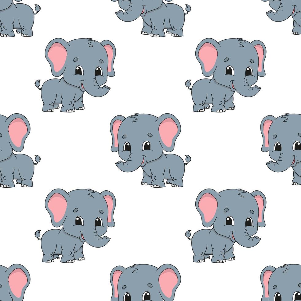 elefante feliz. padrão colorido sem costura com personagem de desenho animado bonito. ilustração em vetor plana simples isolada no fundo branco. criar papel de parede, tecido, papel de embrulho, capas, sites.