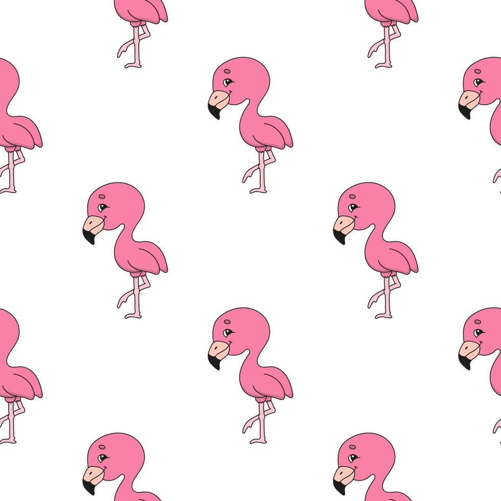 flamingo feliz. padrão colorido sem costura com personagem de desenho animado bonito. ilustração em vetor plana simples isolada no fundo branco. criar papel de parede, tecido, papel de embrulho, capas, sites.