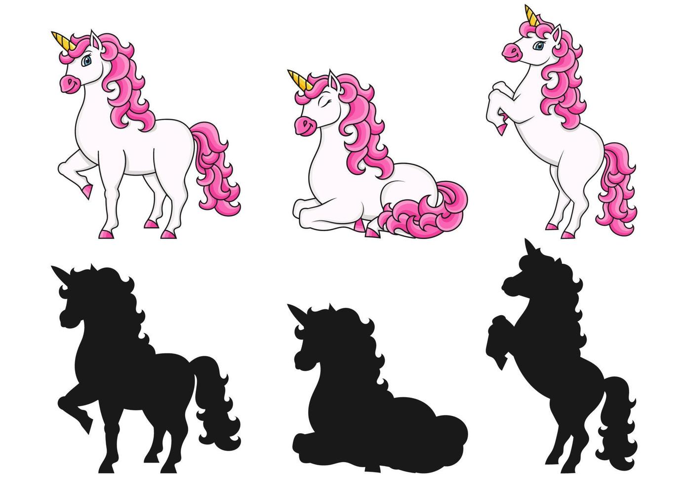 unicórnio fofo. cavalo mágico de fadas. Personagem de desenho animado. silhueta negra. ilustração vetorial colorida. isolado no fundo branco. elemento de design. vetor