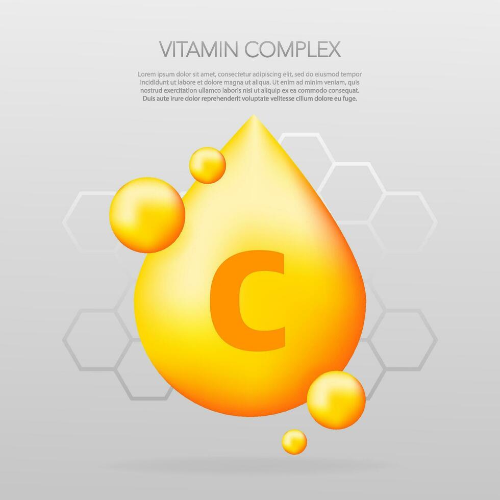 Vitamina c brilhando comprimido cápsula ícone. brilhando dourado substância derrubar. remédios Publicidades. beleza tratamento nutrição pele Cuidado Projeto. vetor ilustração