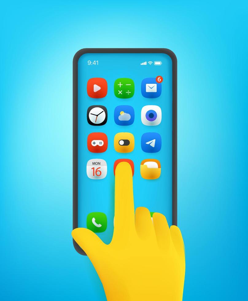 dedo, pressionando o botão no smartphone moderno. ilustração em vetor estilo 3d em quadrinhos