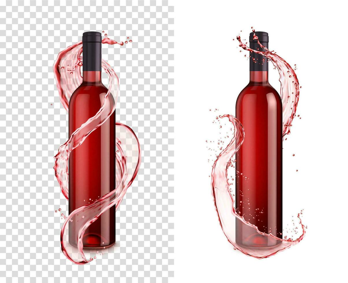 garrafa com vermelho vinho respingo e redemoinho, 3d vetor