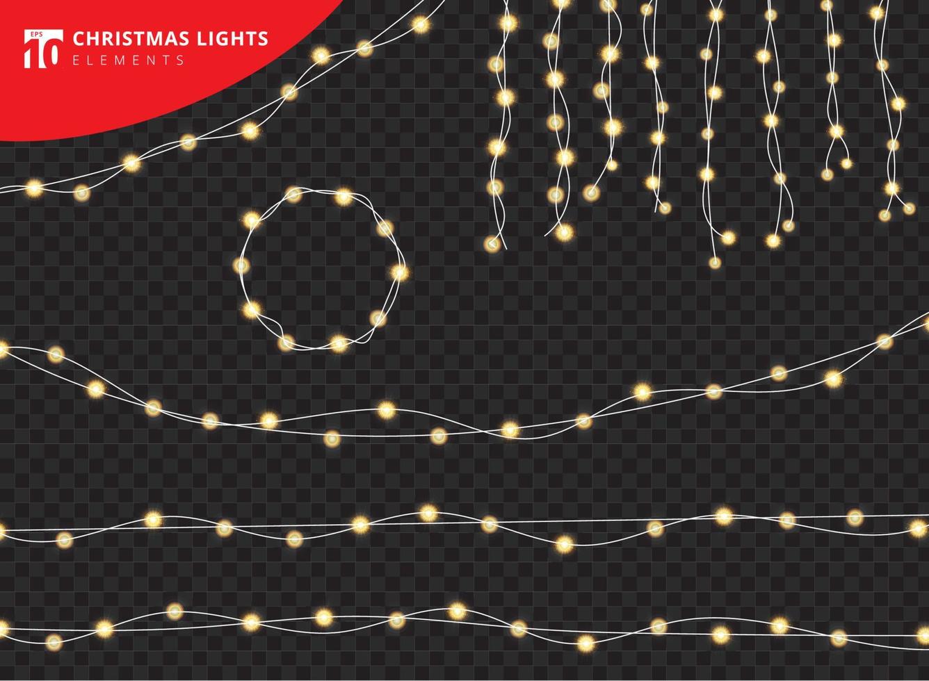 conjunto de elementos de design realista de luzes brilhantes de decorações de Natal em fundo de tranperency. vetor