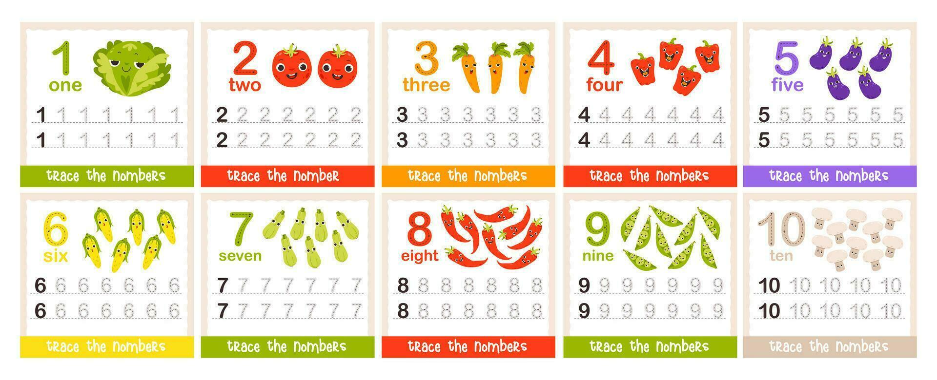 número Aprendendo flashcards com fofa legumes. contagem e vestígio do números. crianças educacional jogo. vetor ilustração