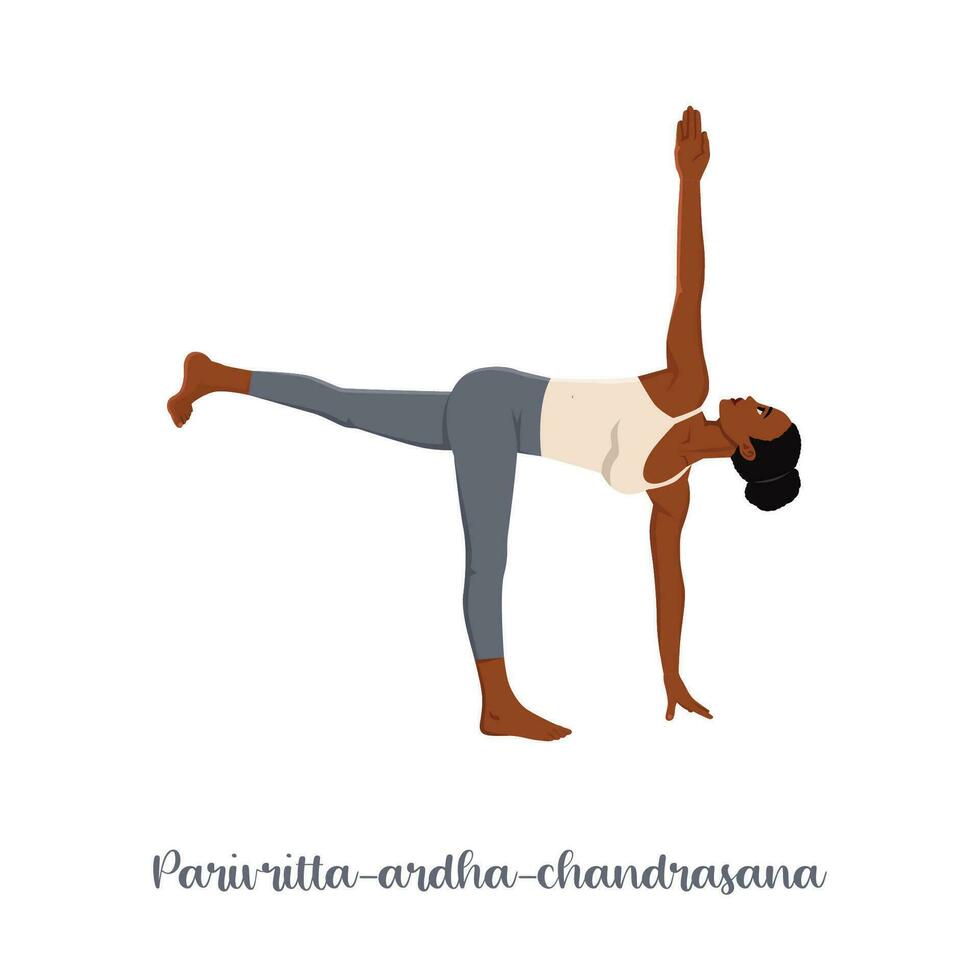 mulher fazendo parivrtta ardha chandrasana. girou metade lua pose. vetor