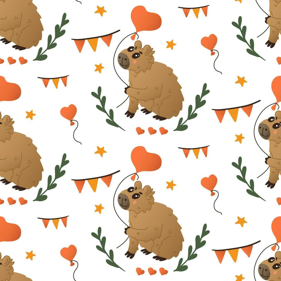 dia dos namorados padronizar com capivara com balão. fofa plano animal desenho animado personagens com bandeiras, floral galhos, estrelas. st dia dos namorados dia ou feliz aniversário conceito padronizar em branco fundo vetor