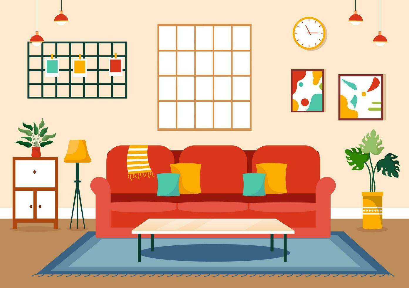 casa decoração vetor ilustração com vivo quarto interior e mobília tal Como confortável sofá, janela, cadeira, casa plantas e acessórios