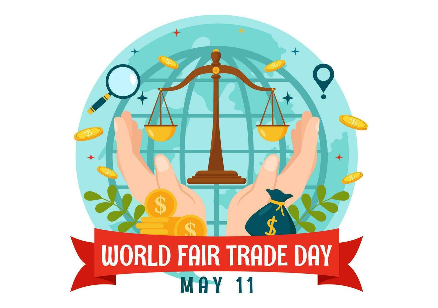 mundo justo comércio dia vetor ilustração em 11 pode com ouro moedas, balanças e martelo para clima justiça e planeta econômico dentro plano fundo