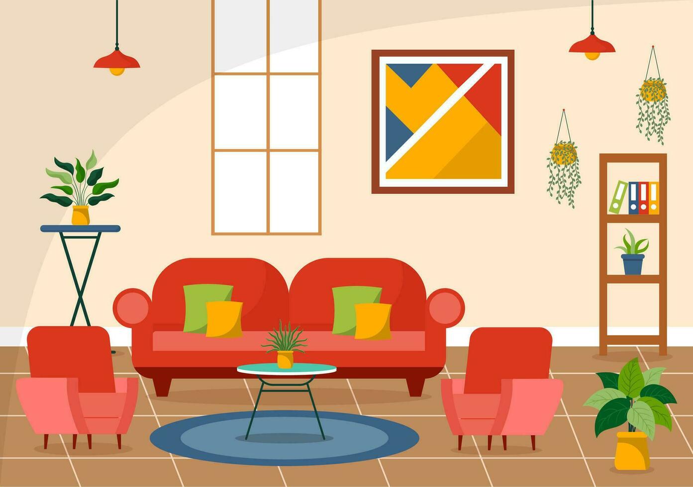 casa decoração vetor ilustração com vivo quarto interior e mobília tal Como confortável sofá, janela, cadeira, casa plantas e acessórios