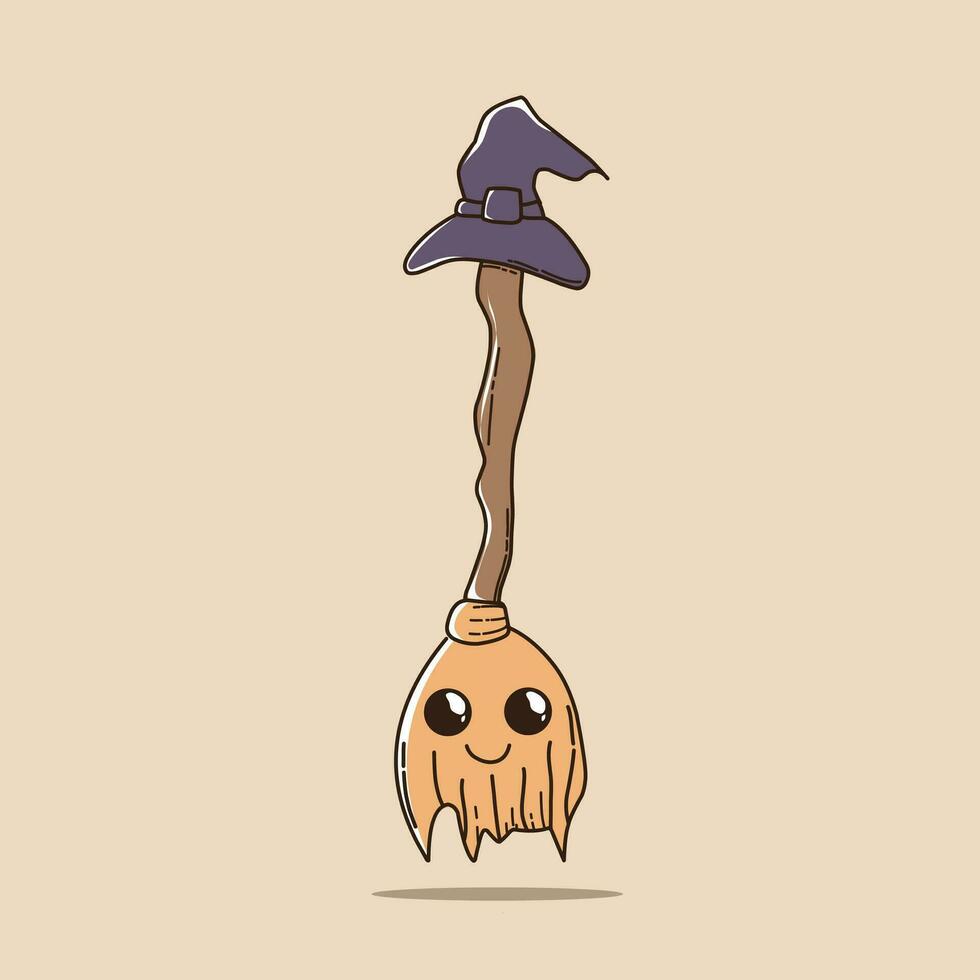 uma desenho animado bruxa chapéu em uma cabo de vassoura vetor