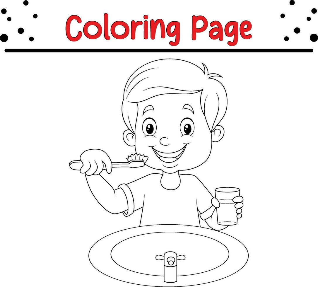 fofa pequeno Garoto escovar dentes coloração página vetor