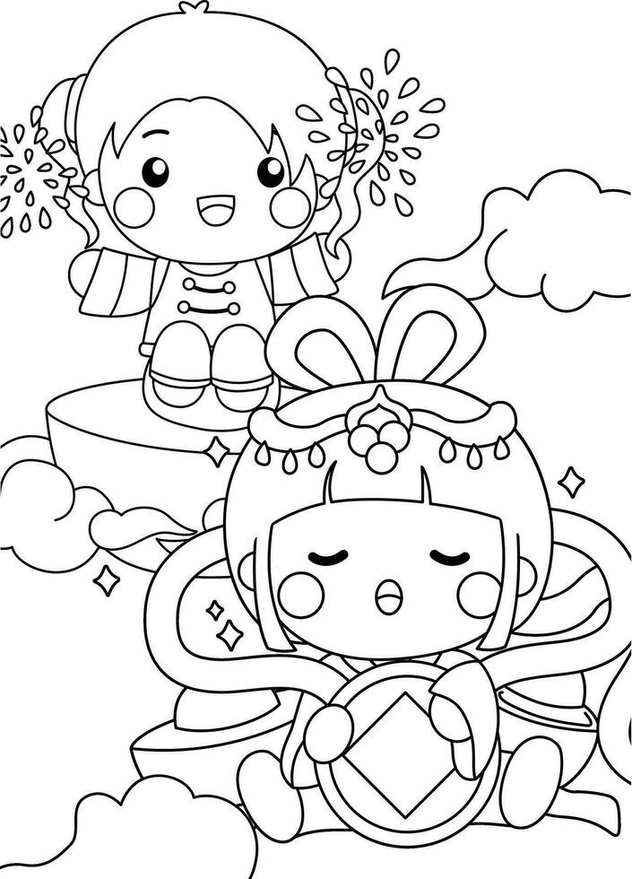 fofa crianças chinês Novo ano CNY lunar celebração desenho animado coloração atividade feriado para crianças e adulto vetor