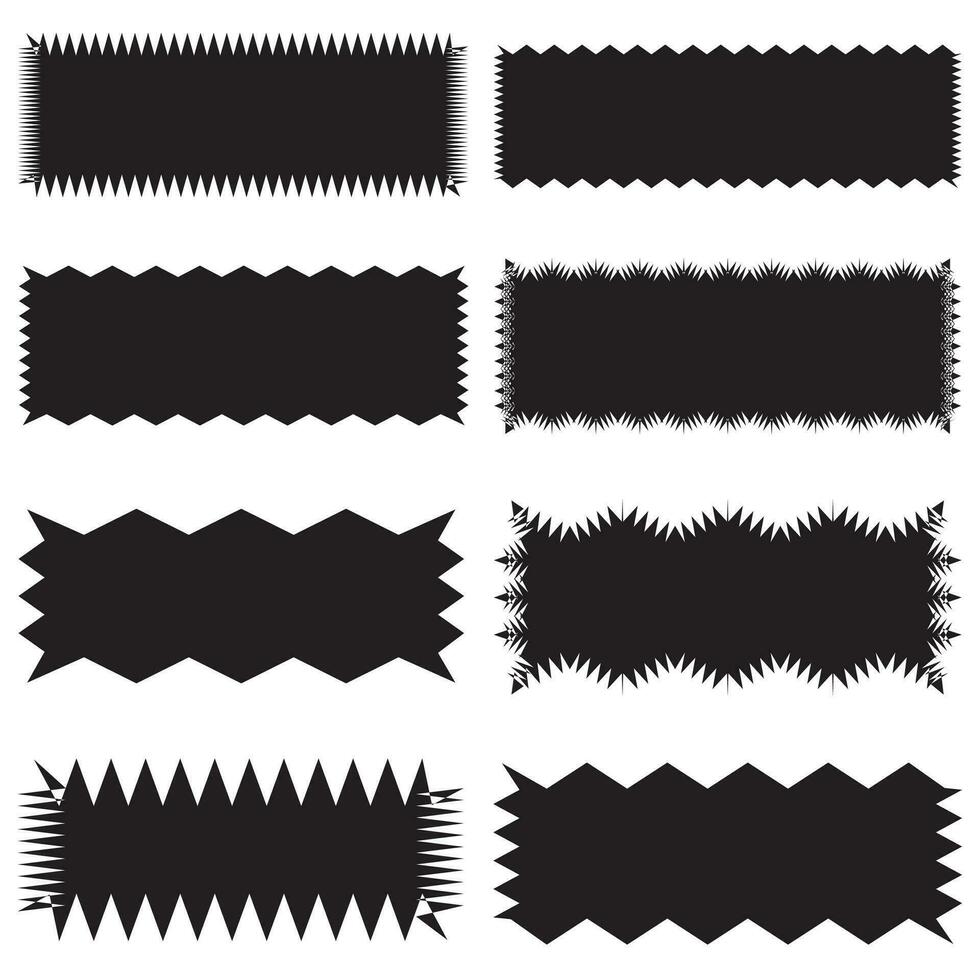 zig zag Beira retângulo forma coleção. irregular retangular elementos definir. Preto gráfico Projeto elementos para decoração, bandeira, poster, modelo, adesivo, distintivo. vetor