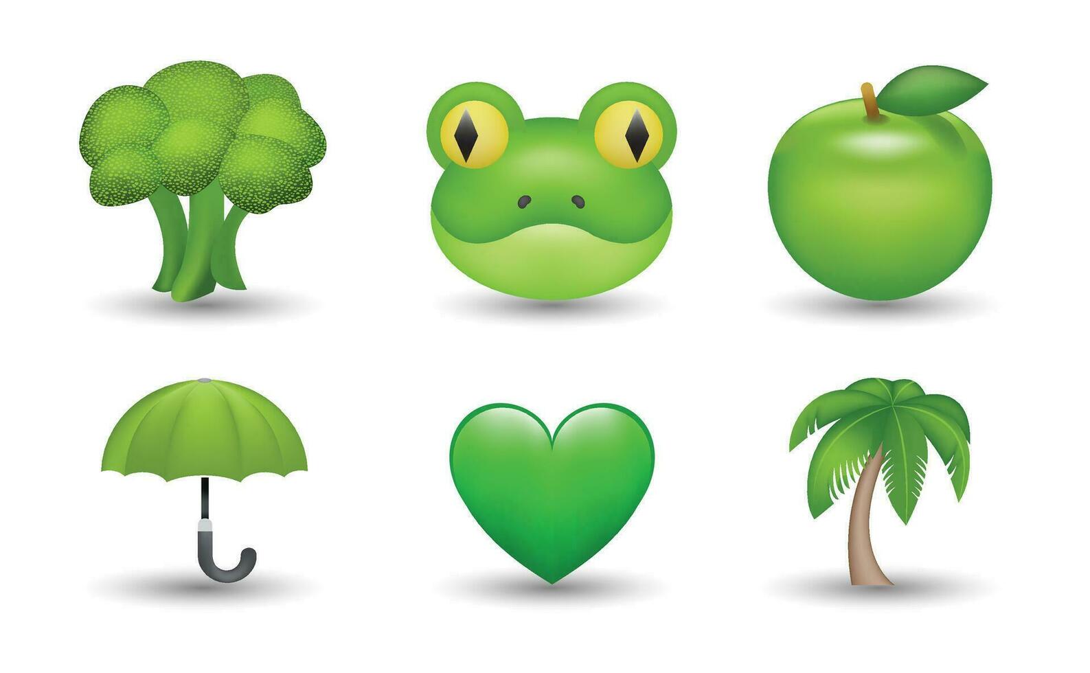 6 emoticon isolado em branco fundo. isolado vetor ilustração. brócolis, sapo, verde coração, Palma, guarda-chuva, maçã vetor emoji ilustração. conjunto do 3d objetos ilustração dentro verde cor.