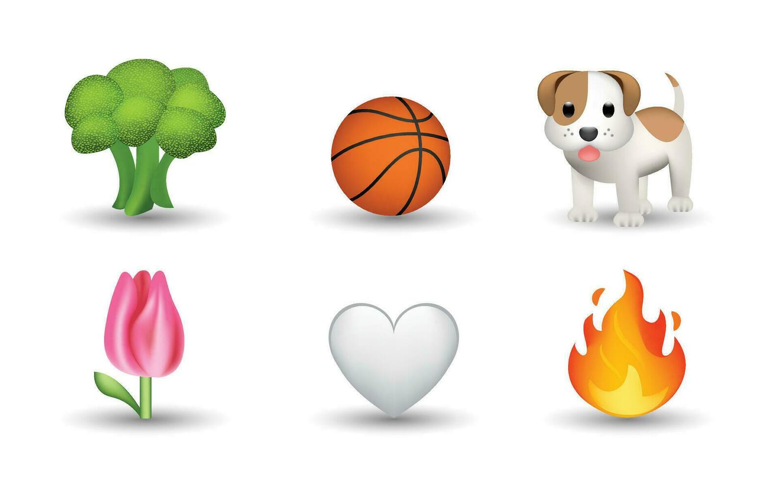 6 emoticon isolado em branco fundo. isolado vetor ilustração. brócolis, basquetebol bola, cachorro, branco coração, tulipa, chama vetor emoji ilustração. 3d ilustração definir.