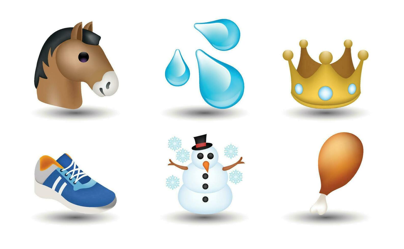 6 emoticon isolado em branco fundo. isolado vetor ilustração. cavalo, água derrubar, coroa, tênis, boneco de neve, frango vetor emoji ilustração. 3d ilustração.