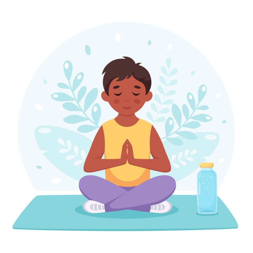 rapaz meditando na posição de lótus. ginástica, ioga e meditação para crianças. vetor