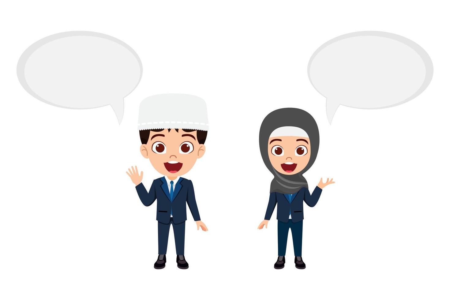 feliz fofo garoto árabe muçulmano garoto e garota personagem vestindo roupa de negócios muçulmana hijab e em pé com uma expressão facial alegre e com balão de fala vetor