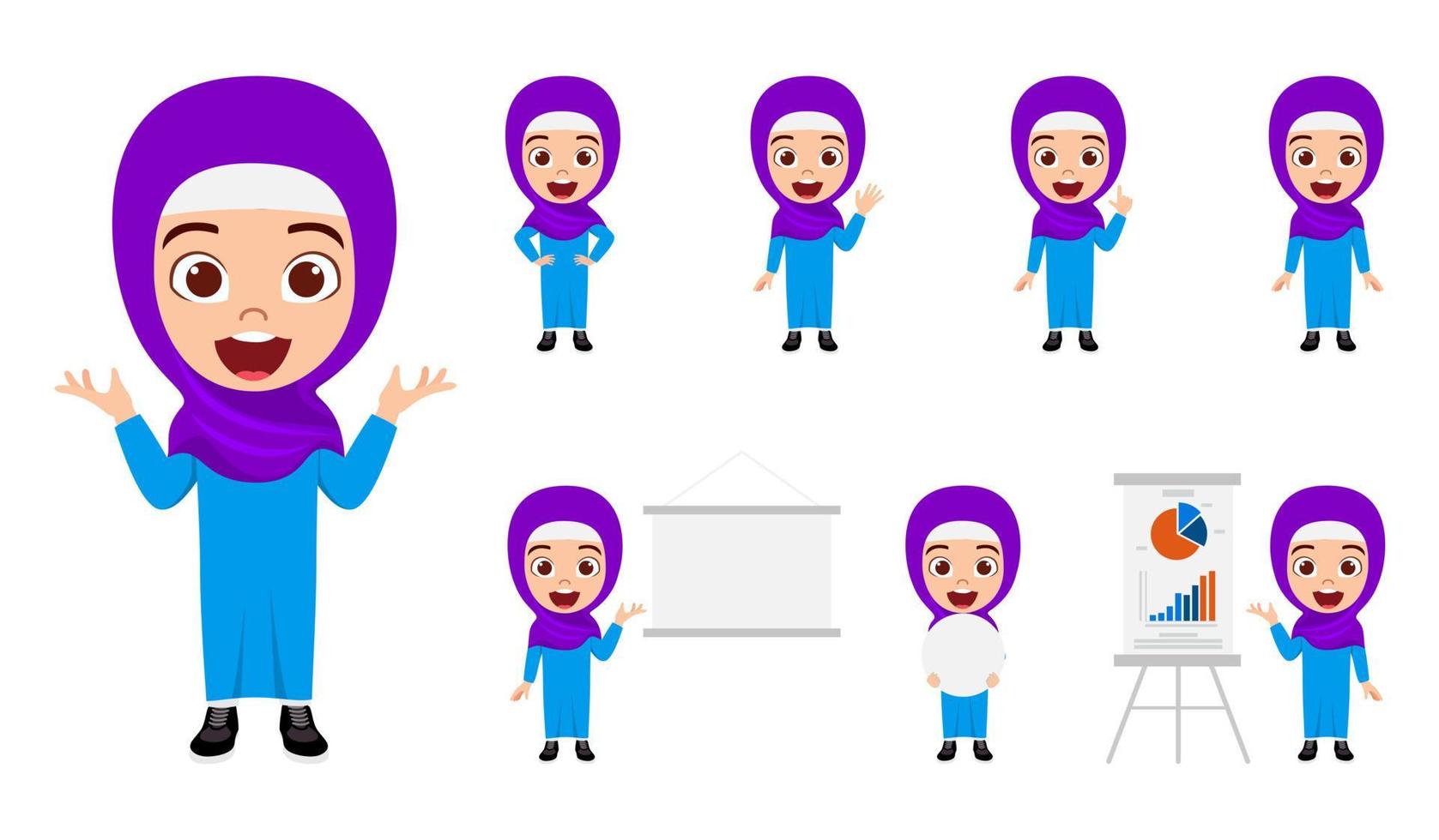 Feliz fofo garoto árabe muçulmano personagem de mulher de negócios vestindo roupa de negócios e hijab em pé segurando o cartaz de quadro em branco e fazendo diferentes ações com o gráfico de vendas isolado vetor