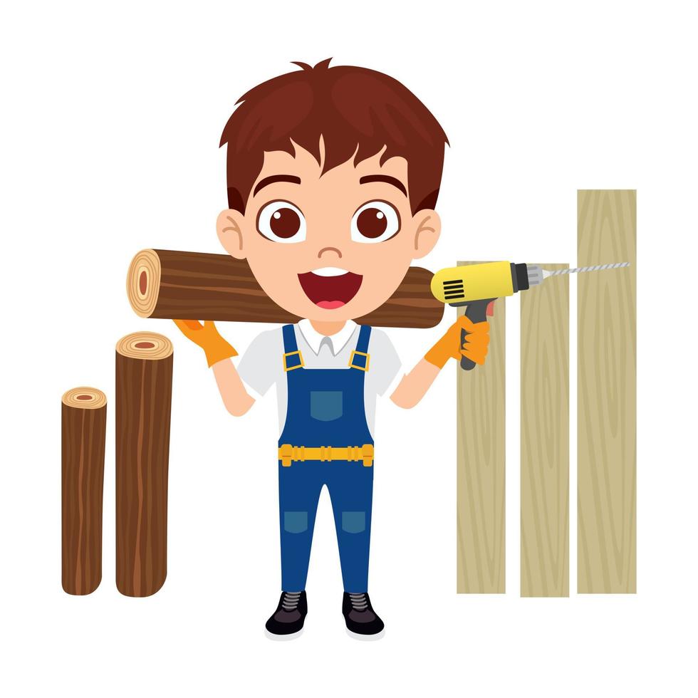 feliz fofa linda criança menino carpinteiro trabalhador da construção em pé e posando segurando uma árvore de madeira com uma placa de madeira vetor