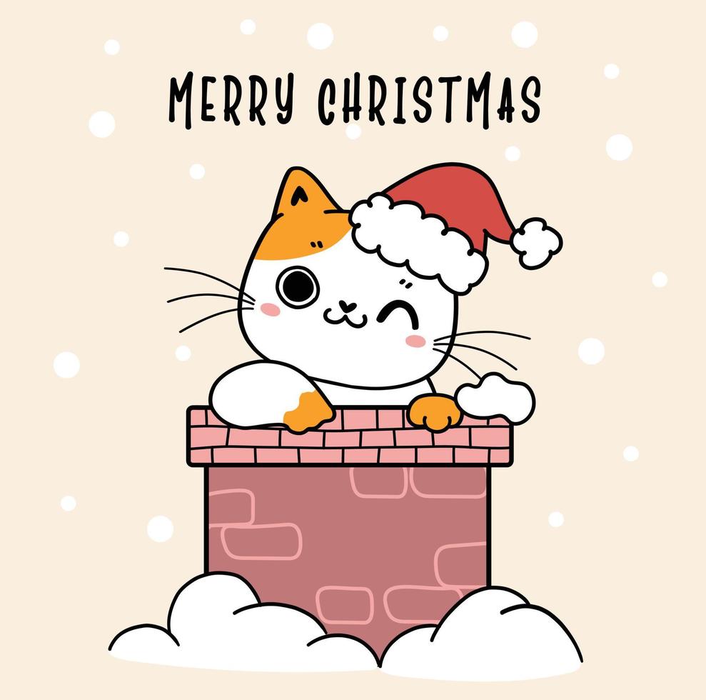 O gatinho branco e gengibre bonito usa chapéu de Papai Noel na chaminé de casa com neve caindo em bakcground, desenho bonito desenho mão desenhada plana vetor