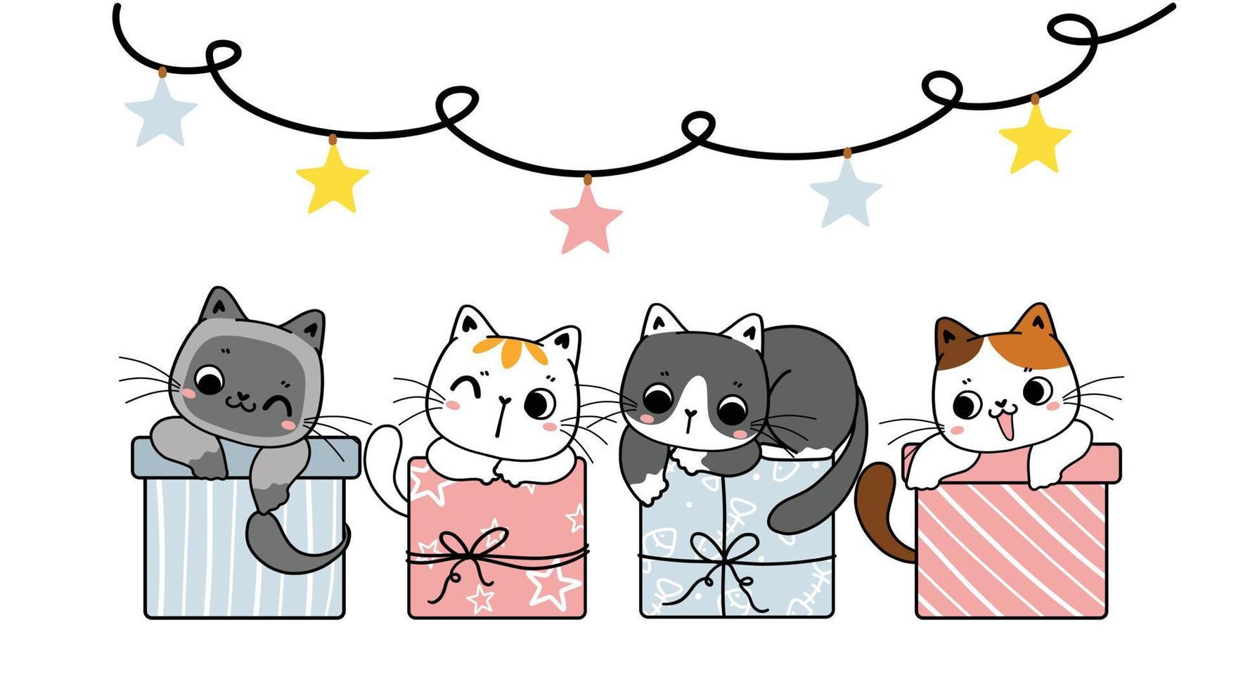 grupo de variedade raça gatinho fofo gato em caixas de presente presentes pastel, festa de Natal pastel, vetor plana doodle desenhado de mão dos desenhos animados.