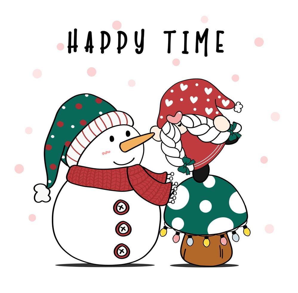 gnomo de natal fofo em cogumelo com boneco de neve papai noel com neve caindo no fundo, desenho plano doodle vecter vetor