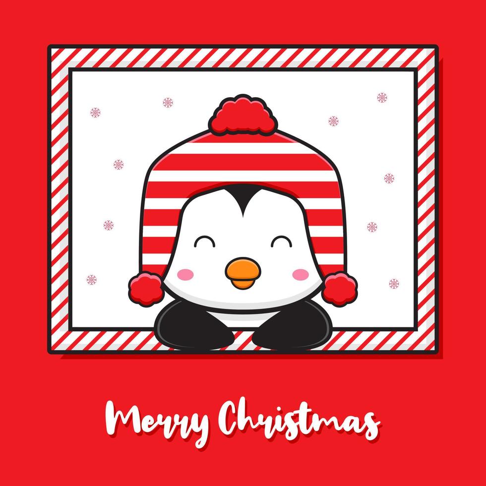 Pinguim fofo na janela cumprimentando Feliz Natal e Feliz Ano Novo Ilustração de cartão de desenho animado vetor