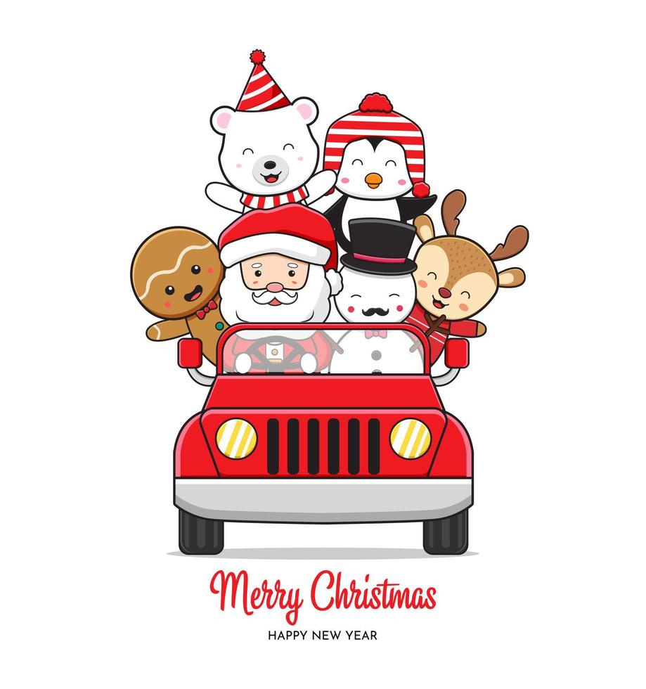 Personagem de Natal fofa andando de carro celebrando ilustração de fundo de cartão de doodle de desenho de Natal vetor