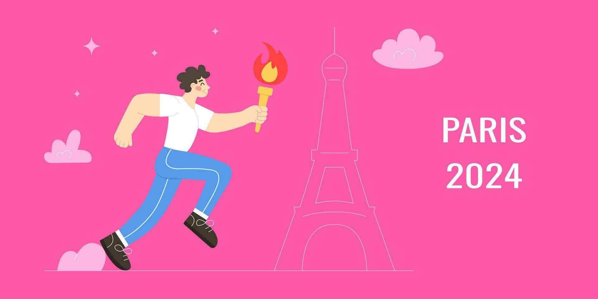 bandeira concorrência dentro Paris França 2024 uma homem corre uma maratona com a tocha contra a pano de fundo do a eiffel torre. vetor ilustração dentro moderno plano estilo