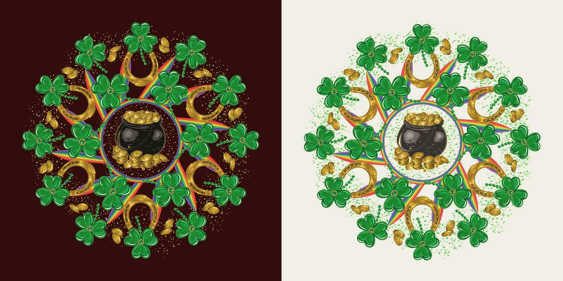 circular st patricks dia padronizar gostar mandala. Panela cheio do ouro tesouros, dourado ferraduras, pó, verde trevo, arco Iris feixes, raios para impressões, roupas, t camisa, placa, superfície Projeto vintage estilo vetor