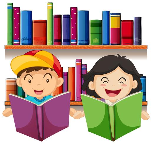 Menino e menina lendo livro na biblioteca vetor