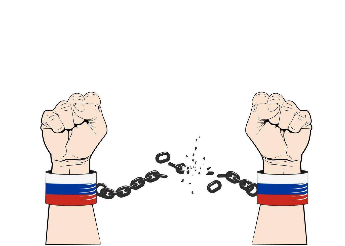 mãos do livre pessoas esmagar grilhões com russo bandeira. Pare a guerra dentro Ucrânia. vetor ilustração