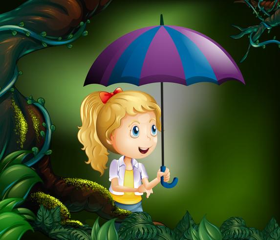 Menina, usando, guarda-chuva, em, a, floresta vetor