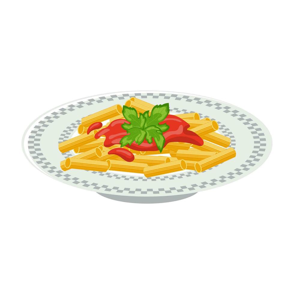 uma prato do massa. massa com tomate molho e ervas. italiano cozinha. Comida ilustração, vetor